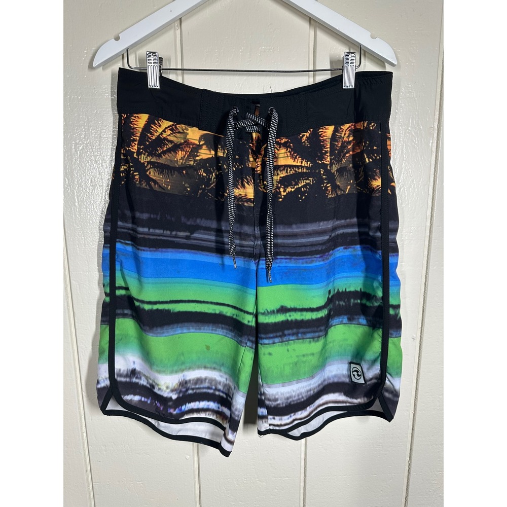 Rip Curl Board Shorts Mens 32 Multi Color Palm Tree Sunset Stripe Stretch 7866